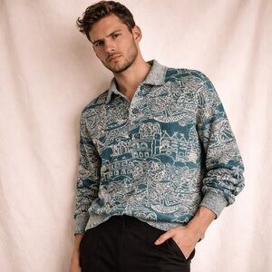 Missoni Uomo Vintage 90s Novelty Coastal Scenic Knit Polo Sweater Italy Sz M